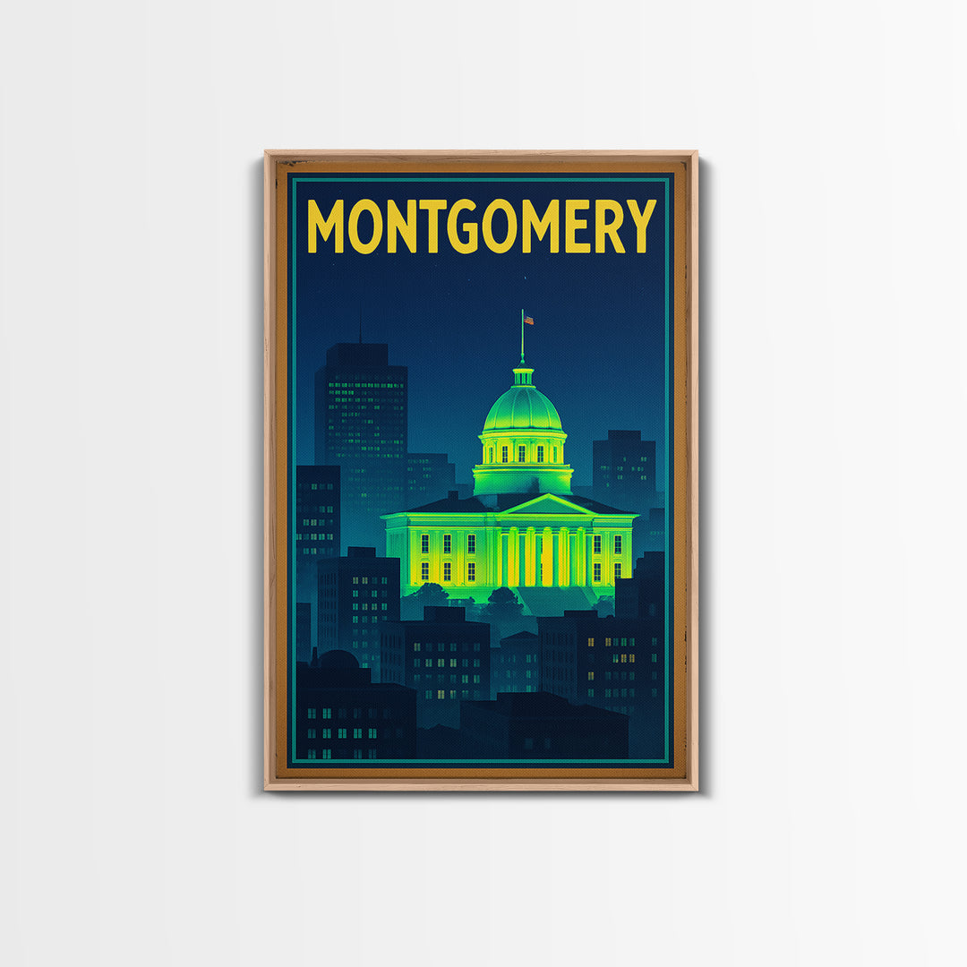 Montgomery Travel Poster, Canvas Print, Neon Downtown Skyline Wall Art, Montgomery City Art, City Illustration, City Travel Prints, Wall Art