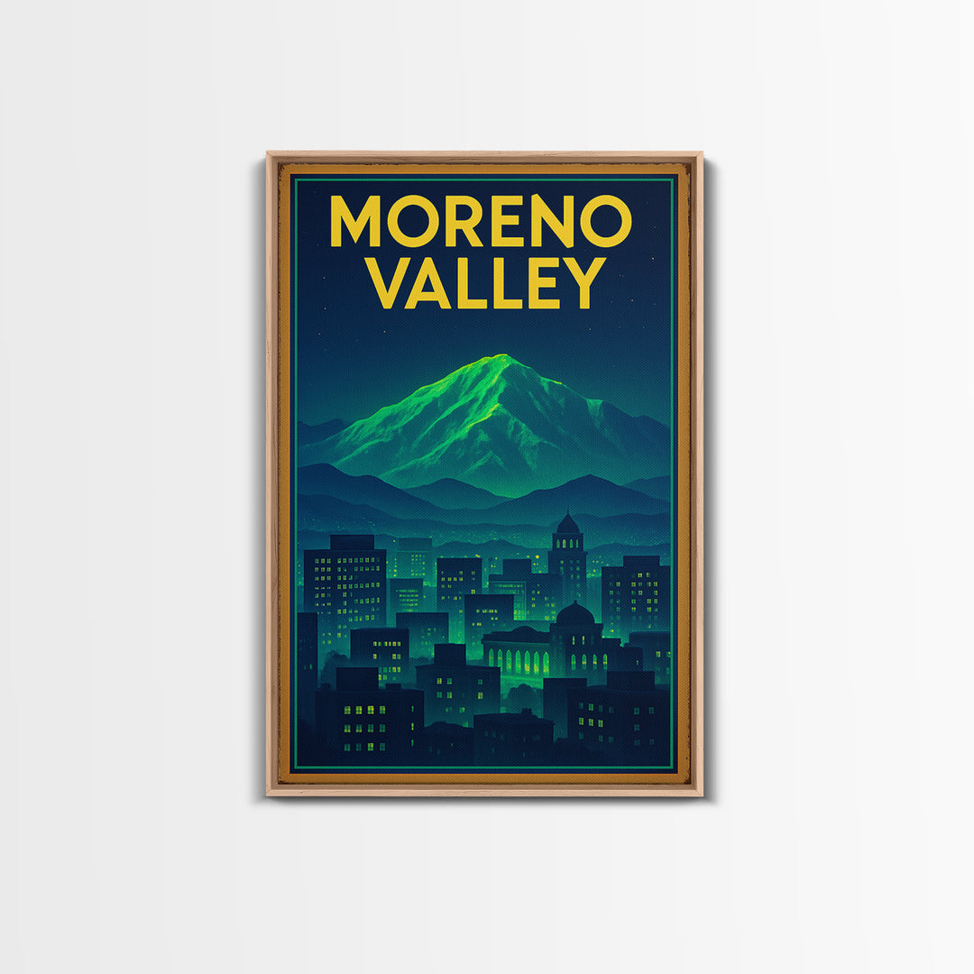 Moreno Valley Travel Poster, Canvas Print, Neon Downtown Skyline Wall Art, Moreno Valley City Art, Vintage Travel Print, Fine Art Print