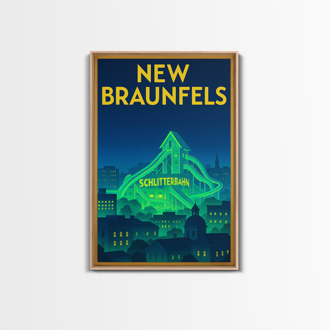 New Braunfels Travel Poster, Canvas Print, Electric Night Poster Art, New Braunfels City Art, Travel Art Print, Watercolor Urban Skyline