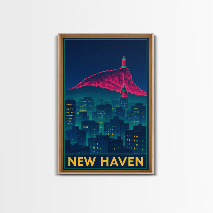 New Haven Connecticut Travel Poster, Framed Canvas Print, Cyberpunk Style City Art, New Haven Wall Art, Vintage Travel Print, Fine Art Print