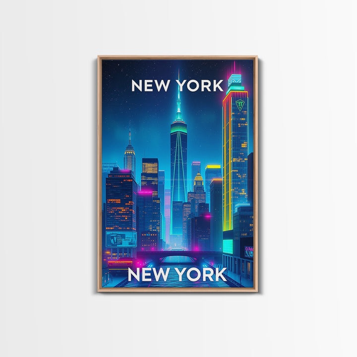 New York City New York Travel Poster, Canvas Print, Neon Skyline Wall Art, New York City Art, City Illustration, Travel Prints, Office Decor