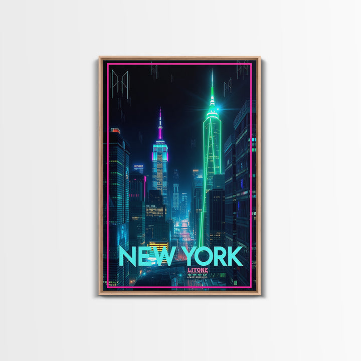 New York Travel Poster, Framed Canvas Print, Electric Night Poster Art, New York Wall Art, Travel Poster Art, Fine Art Print, Design 14