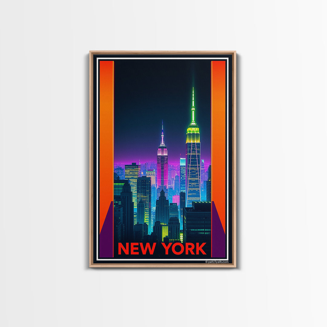 New York Travel Poster, Framed Canvas Print, Neon Skyline Art Wall Art, New York Travel Art, Vintage City Poster, Vintage City Art