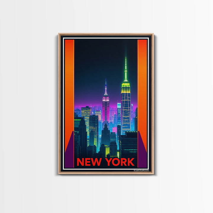 New York Travel Poster, Framed Canvas Print, Neon Skyline Art Wall Art, New York Travel Art, Vintage City Poster, Vintage City Art