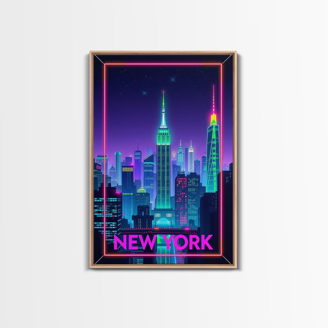 New York Travel Poster, Framed Canvas Print, Electric Night Poster Art, New York Art Print, Living Room Wall Art, Travel Poster Art