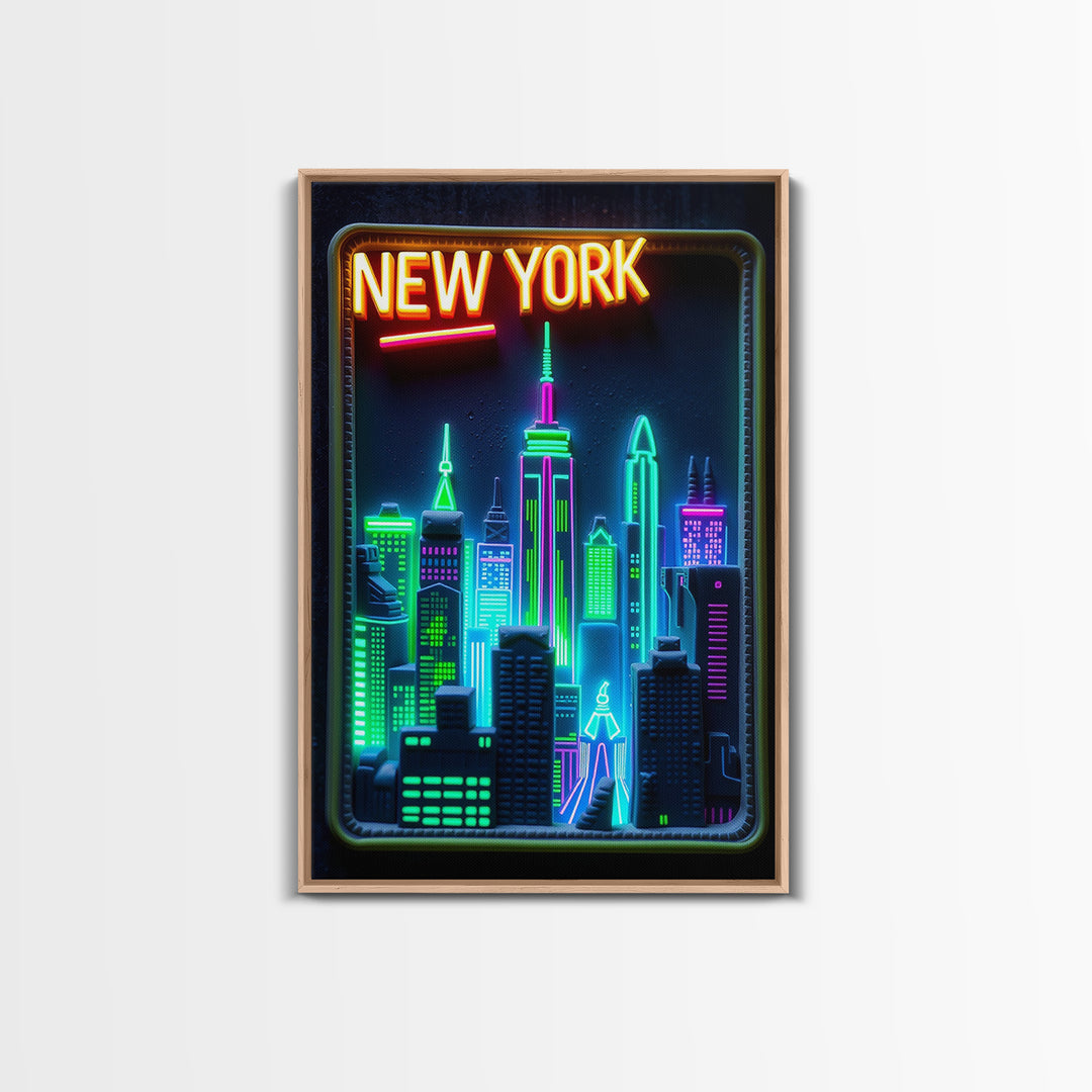 New York Travel Poster, Framed Canvas Print, Cyberpunk Style City Art, New York Poster Print, Gift For Travelers, Home Office Decor