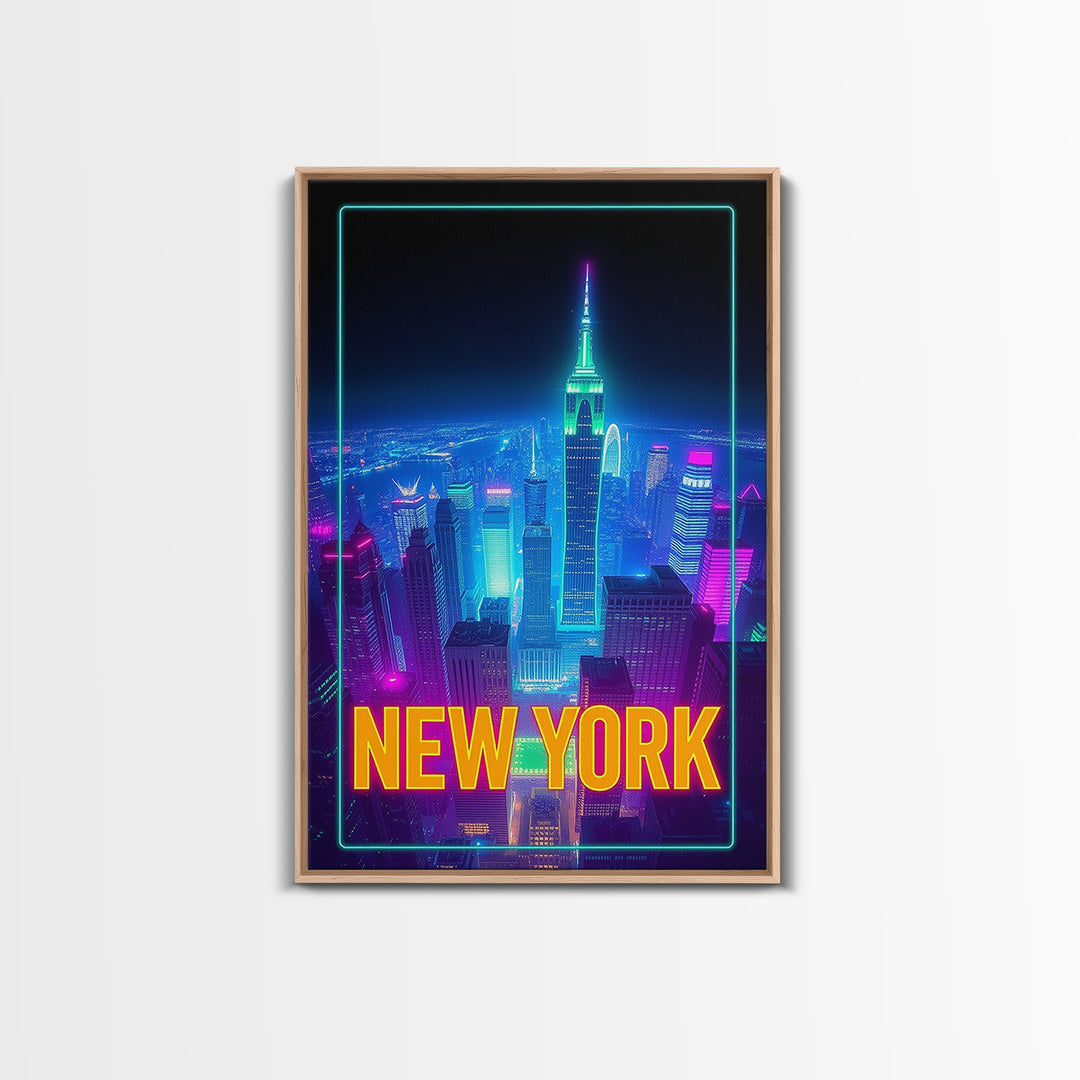 New York Travel Poster, Canvas Print, Neon Cityscape Wall Art, New York Wall Art, City Illustration, Mid Century Wall Art, City Art Print
