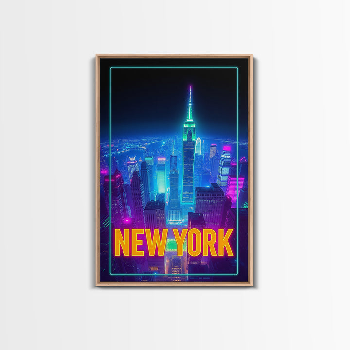 New York Travel Poster, Canvas Print, Neon Cityscape Wall Art, New York Wall Art, City Illustration, Mid Century Wall Art, City Art Print
