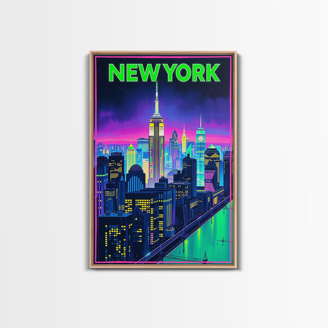 New York Travel Poster, Framed Canvas Print, Retro Neon Travel Art, New York Art Print, City Travel Prints, Fine Art Print, Art Print