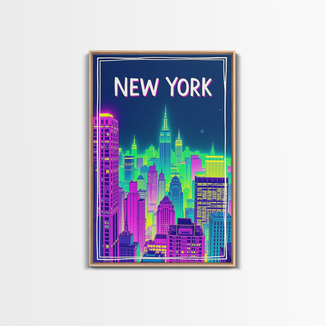 New York Travel Poster, Canvas Print, Neon Downtown Skyline Wall Art, New York City Art, Wanderlust Decor, Travel Wall Decor, Wall Decor