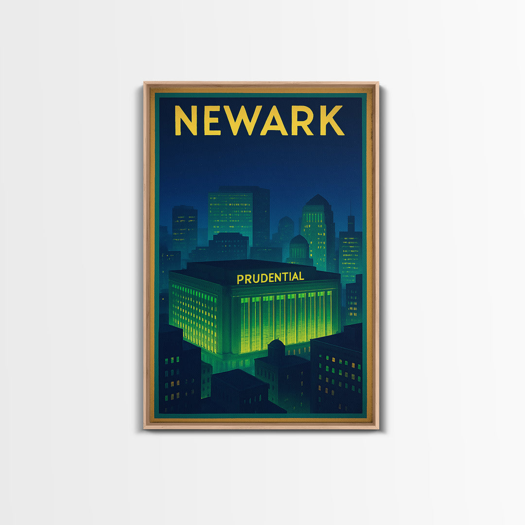 Newark Travel Poster, Framed Canvas Print, Electric Night Poster Art, Newark Wall Art, City Illustration, Vintage Travel Print