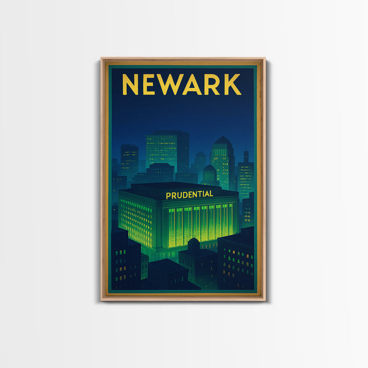 Newark Travel Poster, Framed Canvas Print, Electric Night Poster Art, Newark Wall Art, City Illustration, Vintage Travel Print
