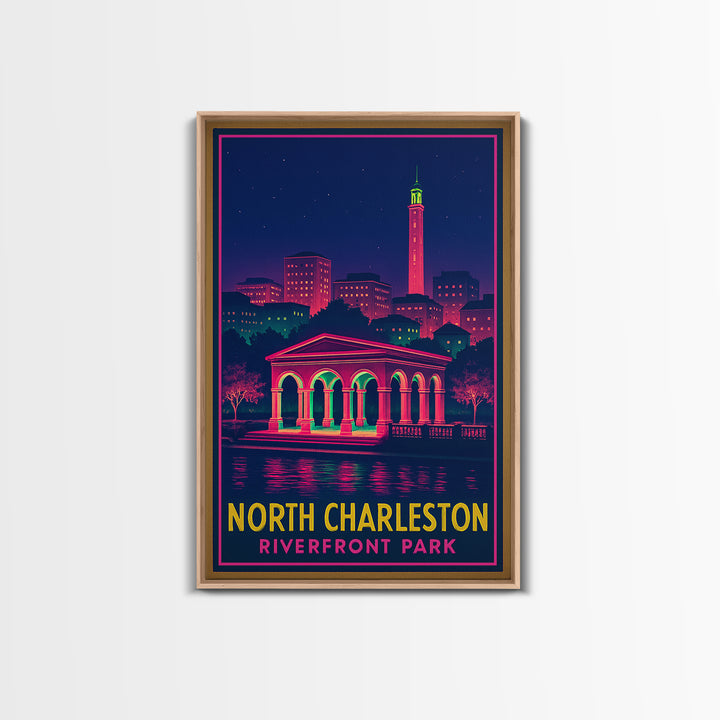 North Charleston South Carolina Travel Poster, Canvas Print, Neon Cityscape Wall Art, North Charleston Poster Print, City Illustration