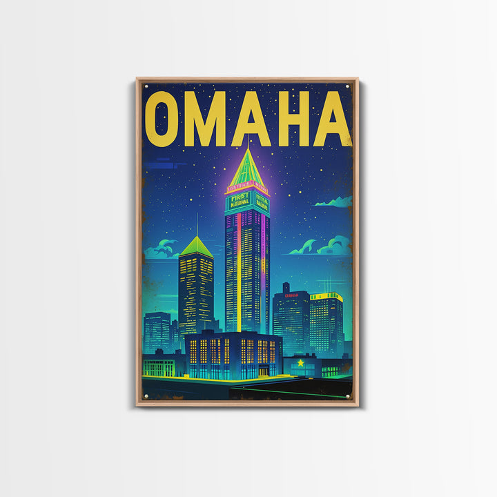 Omaha Travel Poster, Framed Canvas Print, Retro Neon Travel Art, Omaha Travel Art, Eclectic Wall Decor, City Art Print, Fine Art Print