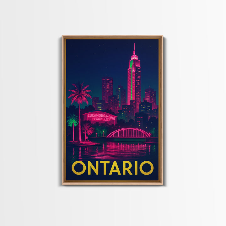 Ontario California Travel Poster, Canvas Print, Neon Urban Skyline Wall Art, Ontario City Art, Office Decor, City Illustration, City Poster