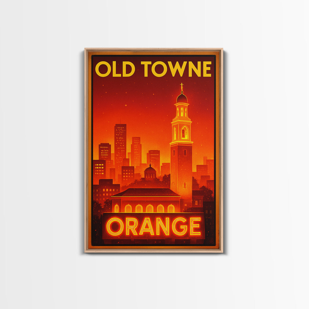 Orange Travel Poster, Framed Canvas Print, Retro Neon Travel Art, Orange Travel Art, Watercolor Downtown Skyline, Travel Poster Set