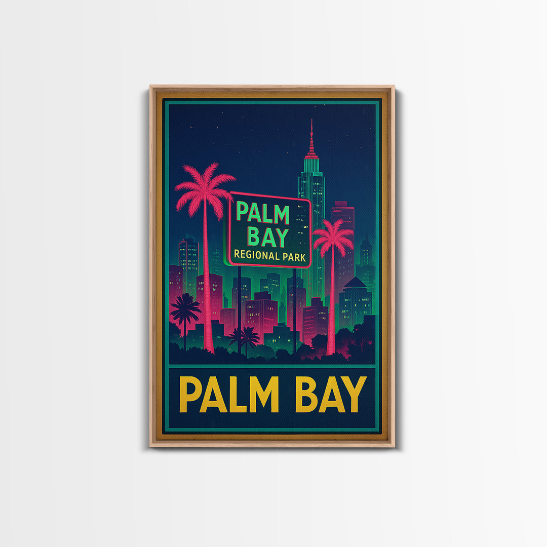 Palm Bay Florida Travel Poster, Framed Canvas Print, Neon Skyline Wall Art, Palm Bay Travel Art, Vintage Travel Art, City Travel Prints