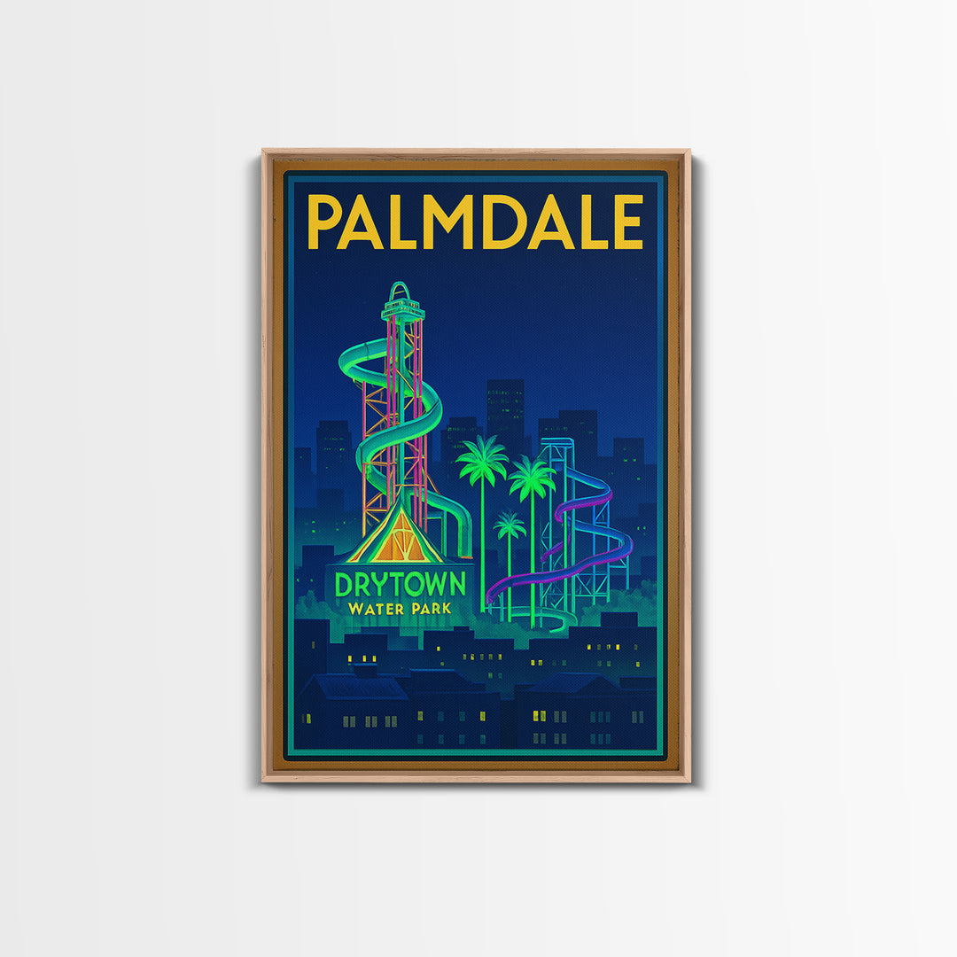 Palmdale Travel Poster, Framed Canvas Print, Neon Skyline Wall Art, Palmdale City Art, Vintage City Art, Mid Century Wall Art