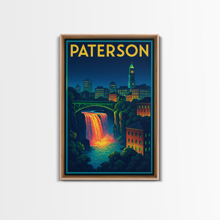 Paterson Travel Poster, Framed Canvas Print, Electric Night Poster Art, Paterson Wall Art, City Travel Prints, Home Office Decor