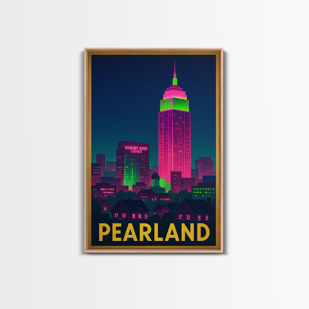 Pearland Texas Travel Poster, Canvas Print, Cyberpunk Style City Art, Pearland Travel Art, Mid Century Wall Art, Retro Travel Print