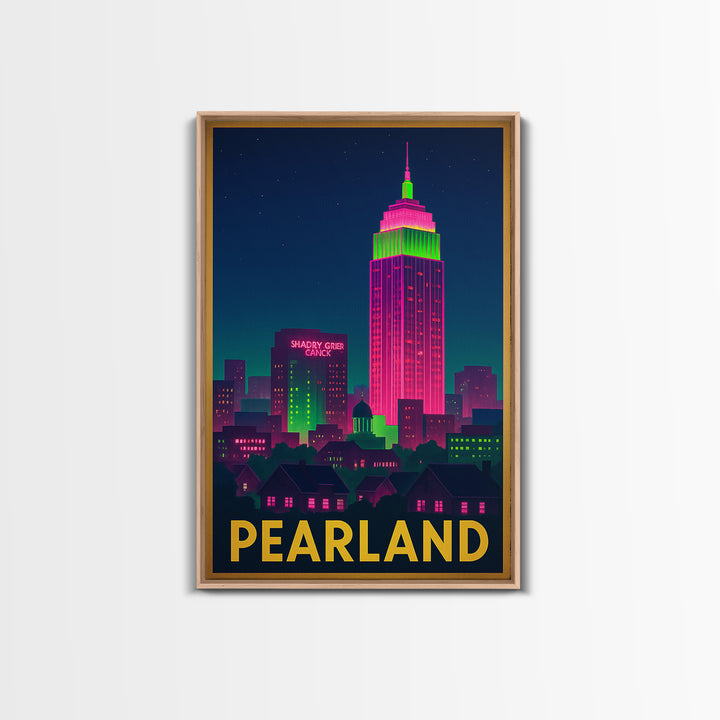 Pearland Texas Travel Poster, Canvas Print, Cyberpunk Style City Art, Pearland Travel Art, Mid Century Wall Art, Retro Travel Print