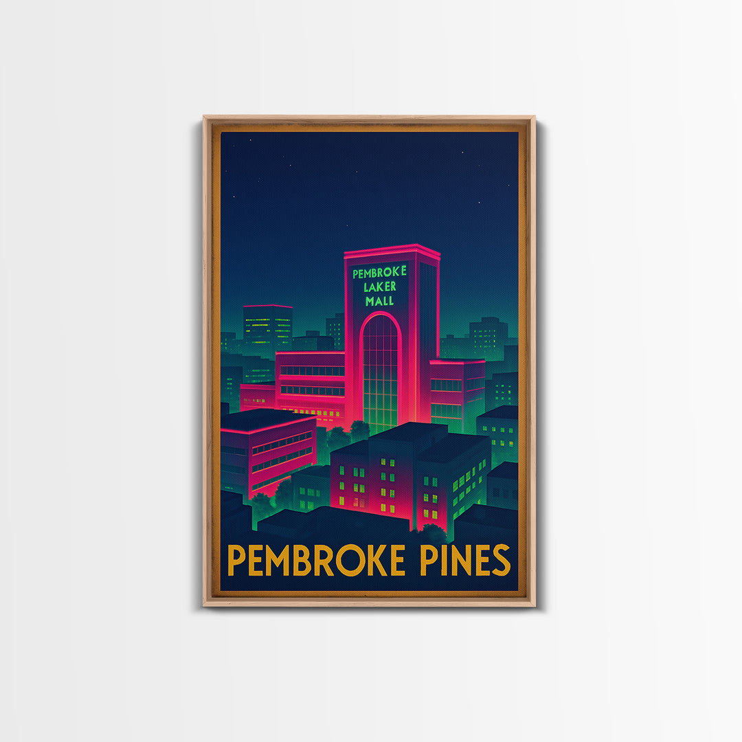 Pembroke Pines Florida Travel Poster, Canvas Print, Retro Neon Travel Art, Pembroke Pines Art Print, Home Office Decor, City Art Print