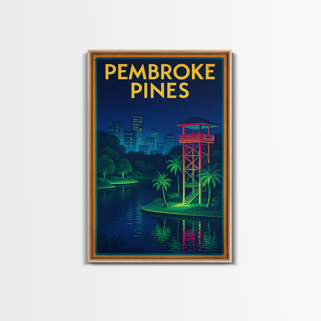 Pembroke Pines Travel Poster, Framed Canvas Print, Electric Night Poster Art, Pembroke Pines City Art, Mid Century Wall Art, Travel Gift
