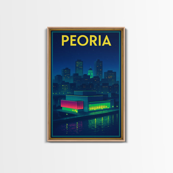 Peoria Travel Poster, Canvas Print, Retro Neon Travel Art, Peoria Art Print, Watercolor Skyline, City Art Print, Living Room Wall Art