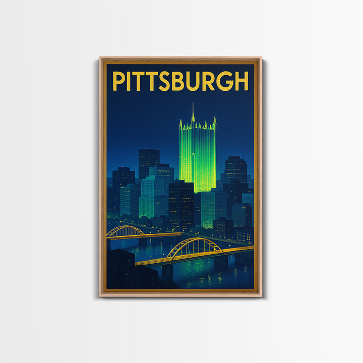 Pittsburgh Travel Poster, Framed Canvas Print, Electric Night Poster Art, Pittsburgh Art Print, Vintage City Poster, Vintage Travel Art