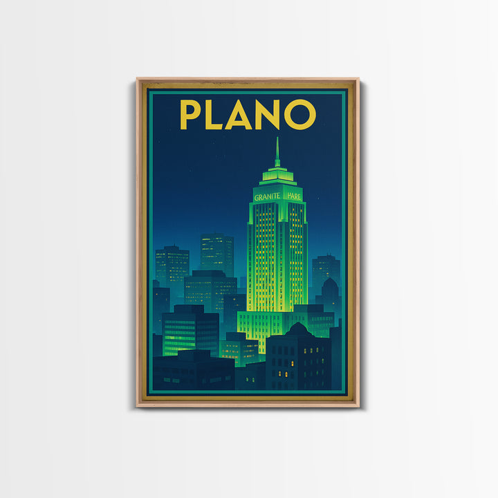 Plano Travel Poster, Framed Canvas Print, Electric Night Poster Art, Plano Travel Art, Watercolor Urban Skyline, Modern Wall Decor