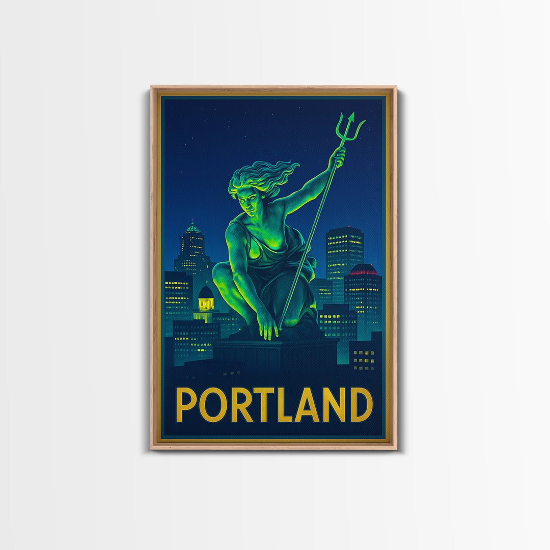 Portland Oregon Travel Poster, Framed Canvas Print, Retro Neon Travel Art, Portland Travel Art, Home Office Decor, Retro Travel Print