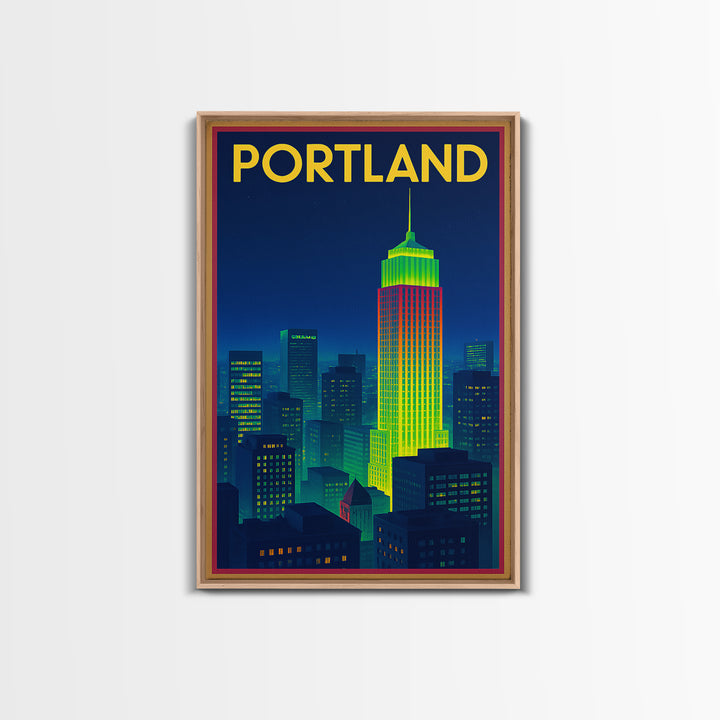 Portland Travel Poster, Framed Canvas Print, Cyberpunk Style City Art, Portland Wall Art, Fine Art Print, Watercolor Skyline