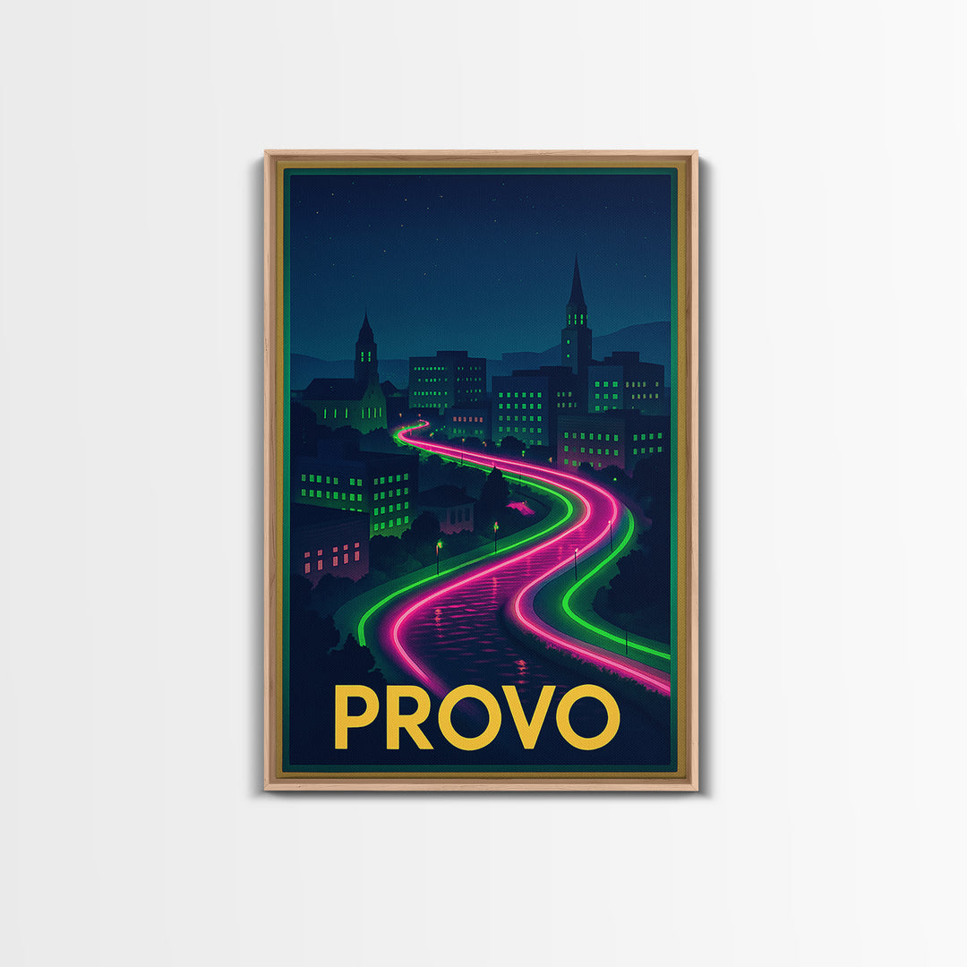 Provo Utah Travel Poster, Canvas Print, Neon Downtown Skyline Wall Art, Provo Wall Art, City Illustration, Gift For Travelers, Wall Art