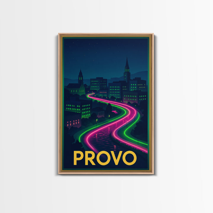 Provo Utah Travel Poster, Canvas Print, Neon Downtown Skyline Wall Art, Provo Wall Art, City Illustration, Gift For Travelers, Wall Art