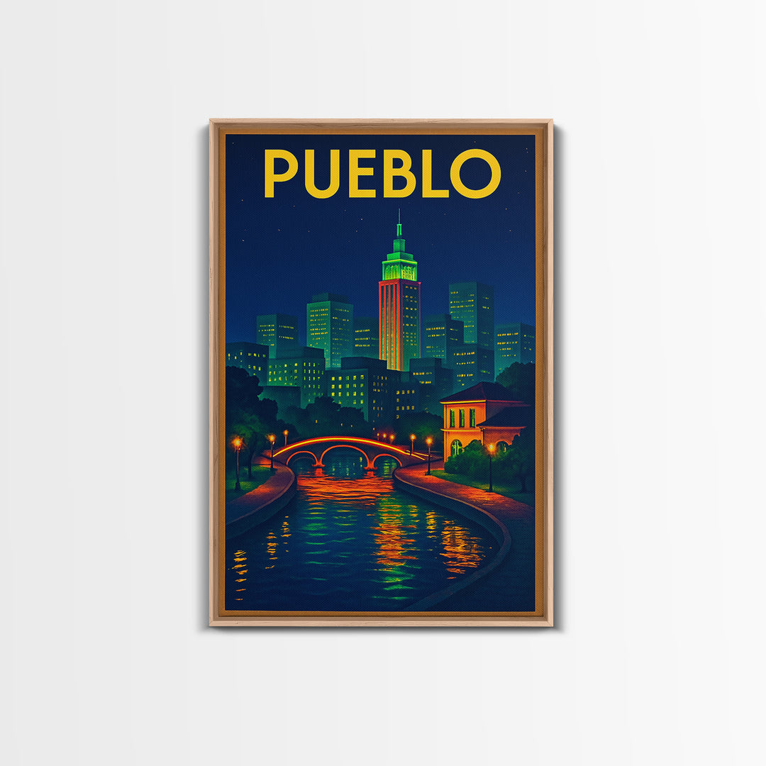 Pueblo Travel Poster, Canvas Print, Retro Neon Travel Art, Pueblo Wall Art, Travel Art Print, Travel Poster Art, Eclectic Wall Decor