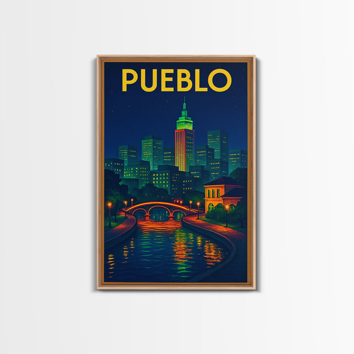 Pueblo Travel Poster, Canvas Print, Retro Neon Travel Art, Pueblo Wall Art, Travel Art Print, Travel Poster Art, Eclectic Wall Decor