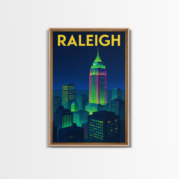 Raleigh Travel Poster, Framed Canvas Print, Retro Neon Travel Art, Raleigh Travel Art, Travel Poster Set, Gift For Travelers, Home Decor