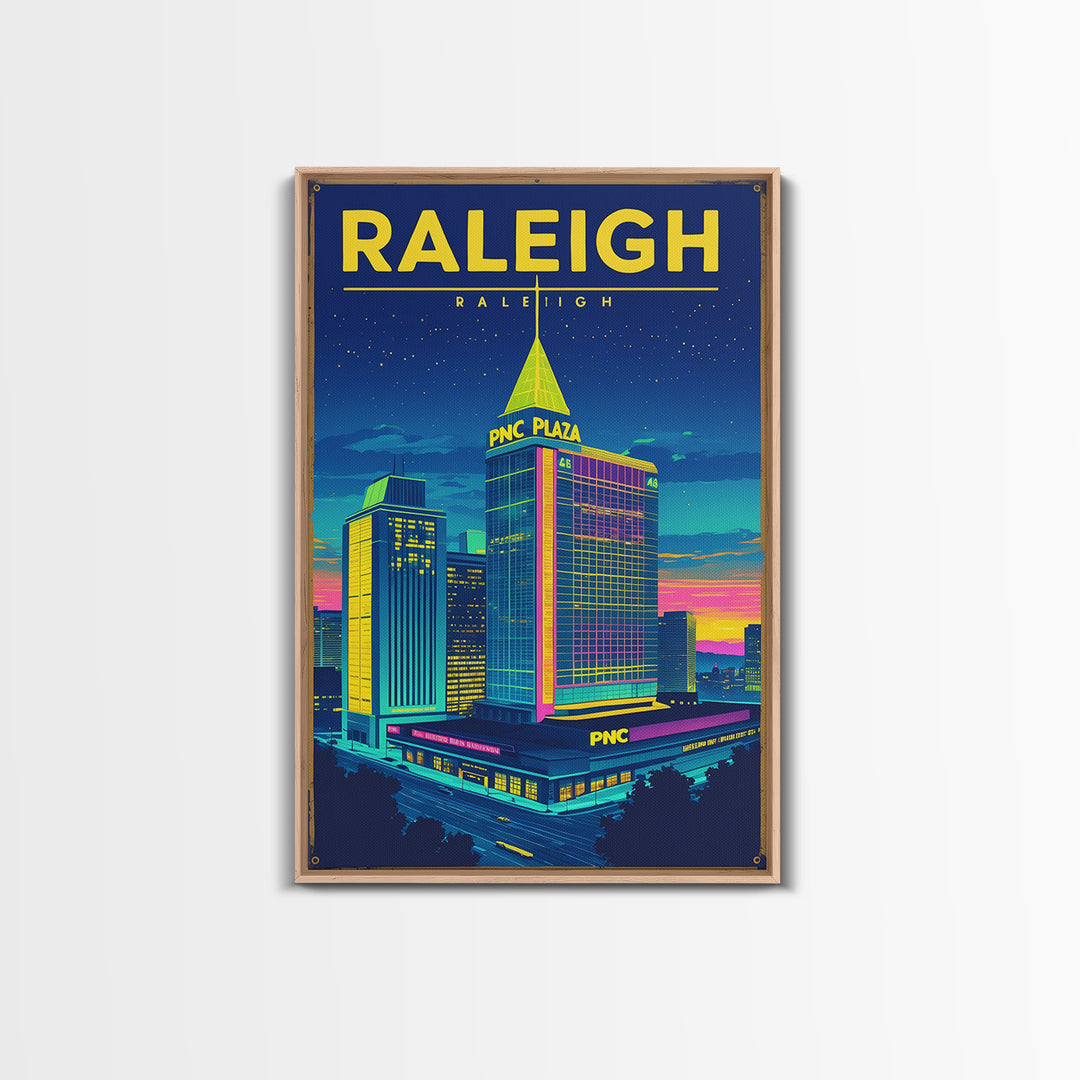 Raleigh Travel Poster, Framed Canvas Print, Electric Night Poster Art, Raleigh Art Print, Vintage Travel Art, City Illustration