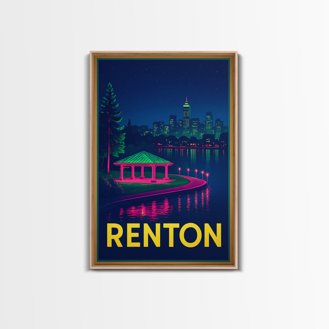 Renton Washington Travel Poster, Canvas Print, Neon Downtown Skyline Wall Art, Renton Travel Art, Travel Prints, Wanderlust Decor, Art Print
