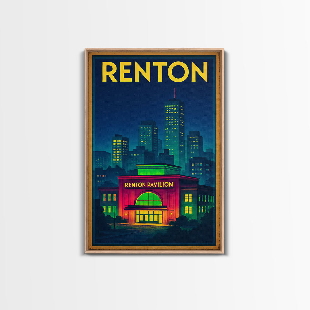 Renton Travel Poster, Canvas Print, Electric Night Poster Art, Renton Art Print, Living Room Wall Art, Vintage City Art, Fine Art Print