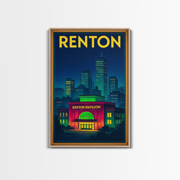 Renton Travel Poster, Canvas Print, Electric Night Poster Art, Renton Art Print, Living Room Wall Art, Vintage City Art, Fine Art Print