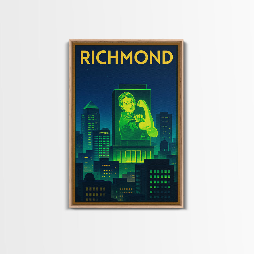 Richmond Travel Poster, Framed Canvas Print, Electric Night Poster Art, Richmond City Art, Wanderlust Decor, Living Room Wall Art