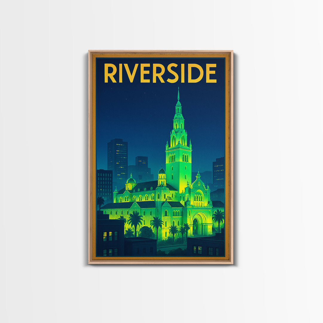 Riverside Travel Poster, Canvas Print, Neon City Skyline Wall Art, Riverside City Art, Living Room Wall Art, Eclectic Wall Decor, Wall Art