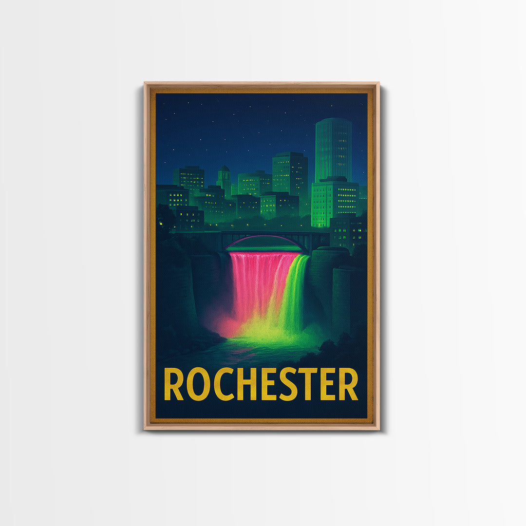 Rochester New York Travel Poster, Framed Canvas Print, Retro Neon Travel Art, Rochester Art Print, Mid Century Wall Art, Eclectic Wall Decor
