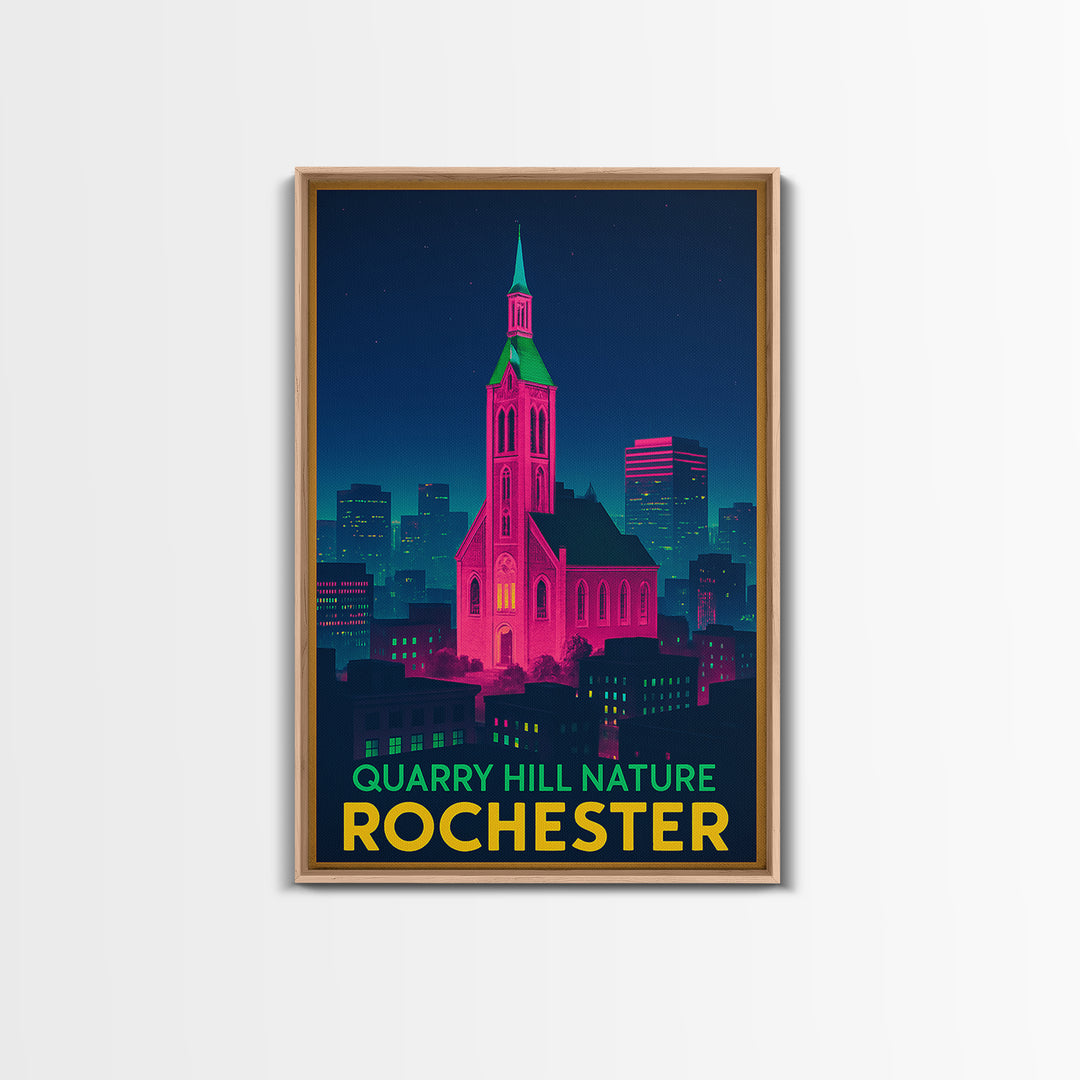 Rochester Travel Poster, Canvas Print, Retro Neon Travel Art, Rochester Art Print, Travel Wall Decor, Gift For Travelers, Travel Wall Art