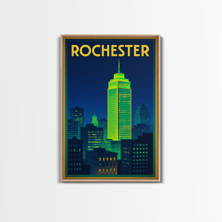 Rochester Travel Poster, Framed Canvas Print, Electric Night Poster Art, Rochester Travel Art, Wanderlust Decor, Watercolor Skyline Art