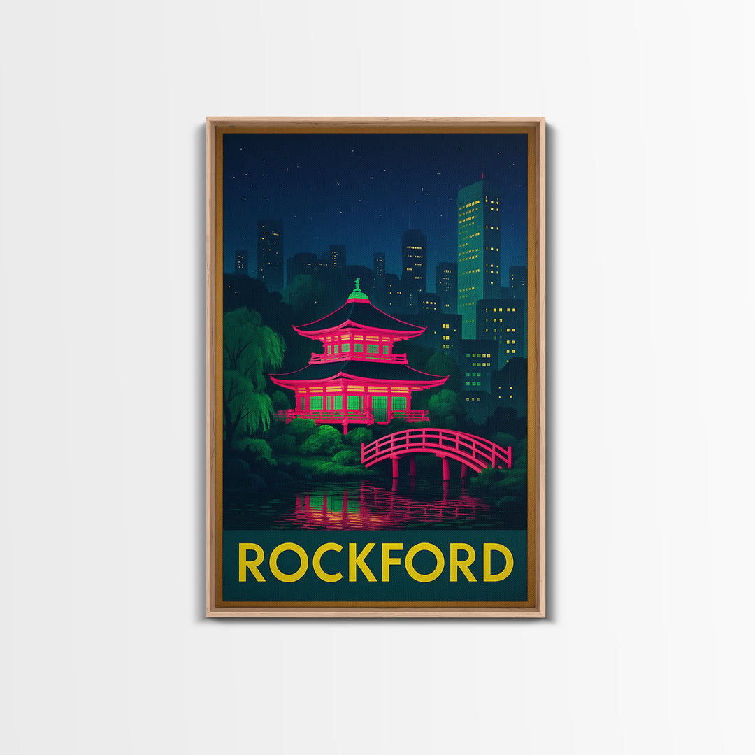 Rockford Illinois Travel Poster, Canvas Print, Retro Neon Travel Art, Rockford Art Print, Wanderlust Decor, Mid Century Wall Art, Travel Art