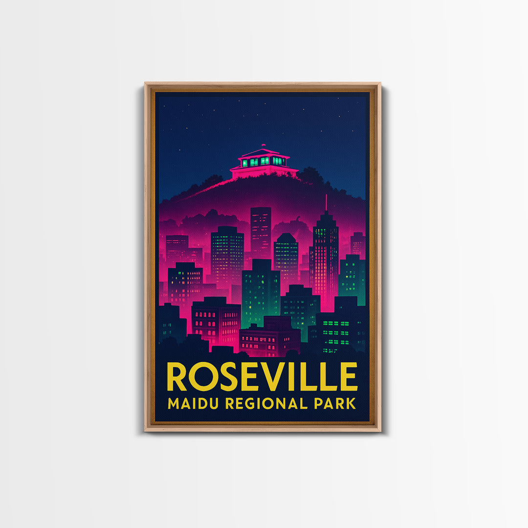 Roseville California Travel Poster, Framed Canvas Print, Neon Skyline Wall Art, Roseville Travel Art, Eclectic Wall Decor, Travel Wall Decor
