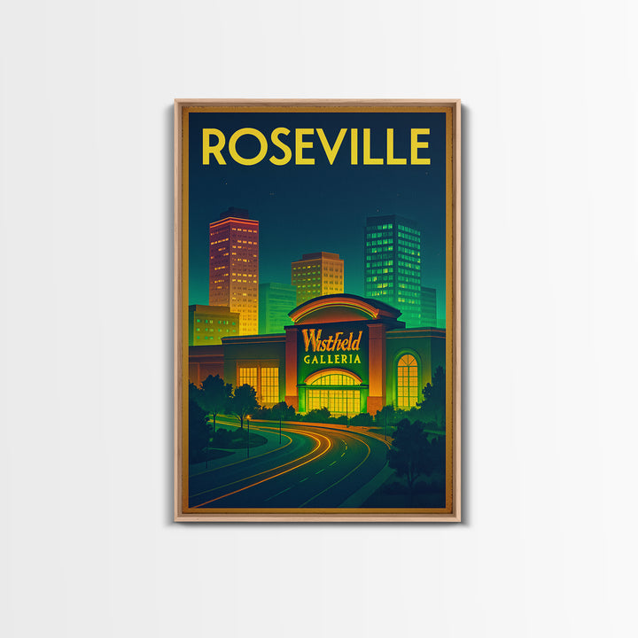 Roseville Travel Poster, Framed Canvas Print, Neon Skyline Art Wall Art, Roseville Poster Print, Home Office Decor, City Illustration