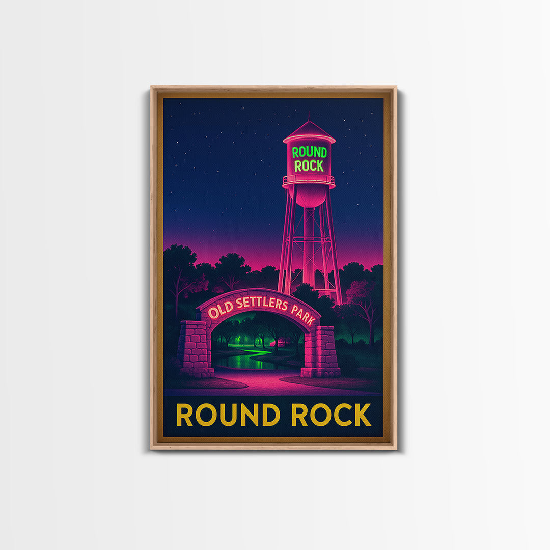 Round Rock Texas Travel Poster, Canvas Print, Electric Night Poster Art, Round Rock City Art, Watercolor Downtown Skyline, Travel Poster Art